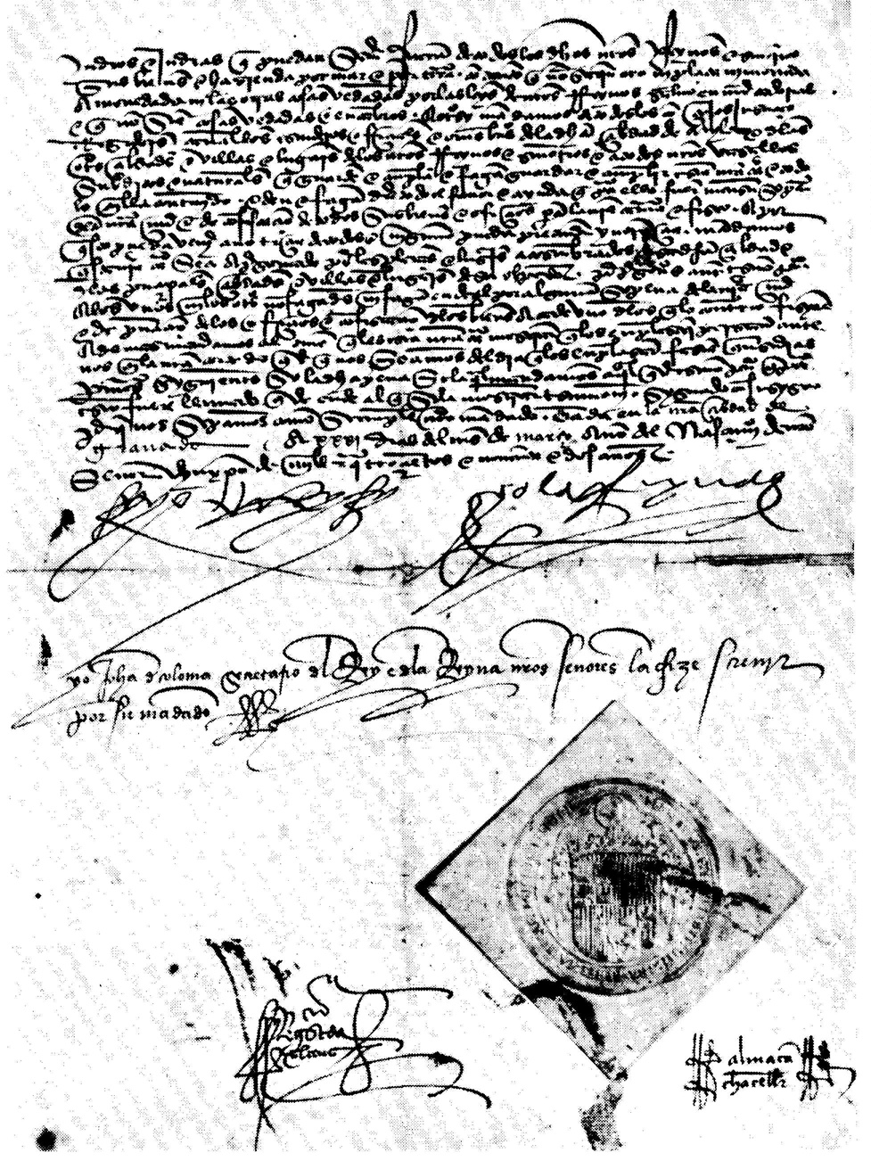 Reproduction d'un document manuscrit historique couvert d'une écriture dense, avec des signatures calligraphiées au bas et un grand sceau losangique.