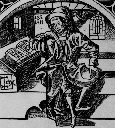 Gravure sur bois ancienne représentant un homme vêtu d'une tunique médiévale lisant un ouvrage comportant des caractères hébraïques, posé sur un pupitre.