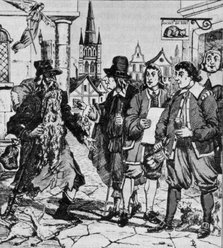 Gravure représentant le personnage légendaire du Juif errant, barbu, avec un bâton et un sac, interagissant avec trois bourgeois dans la rue d'une ville ancienne.