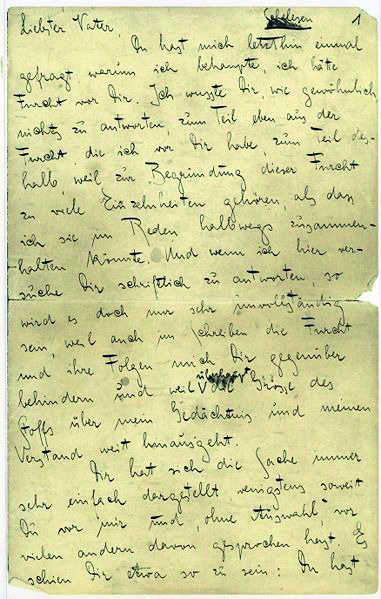 Reproduction du manuscrit de Franz Kafka : première page de la Lettre au père, encre noire sur papier ligné.
