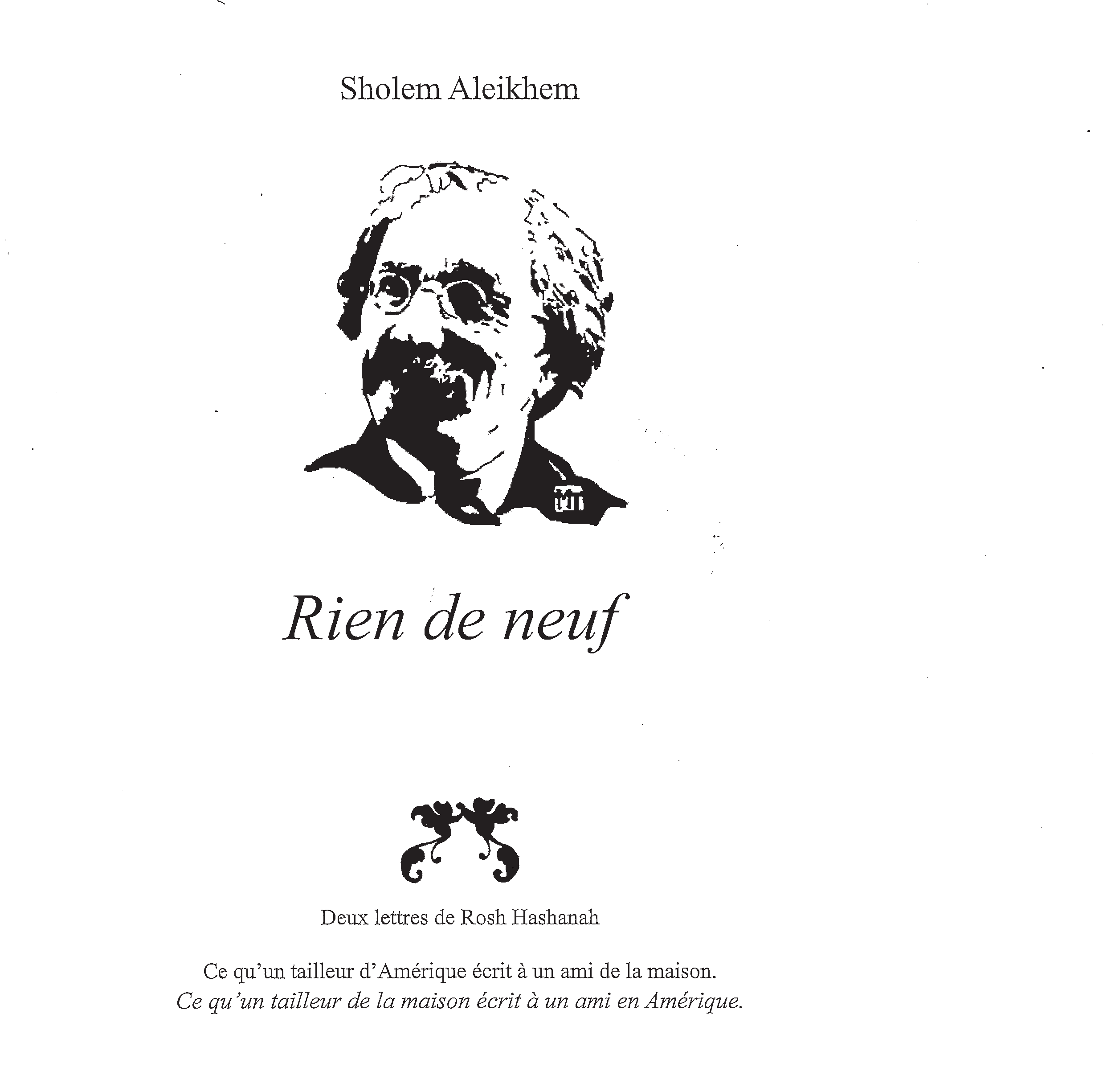 Caricature de Sholem Aleïkhem en buste, encre noire, vue de trois-quarts.