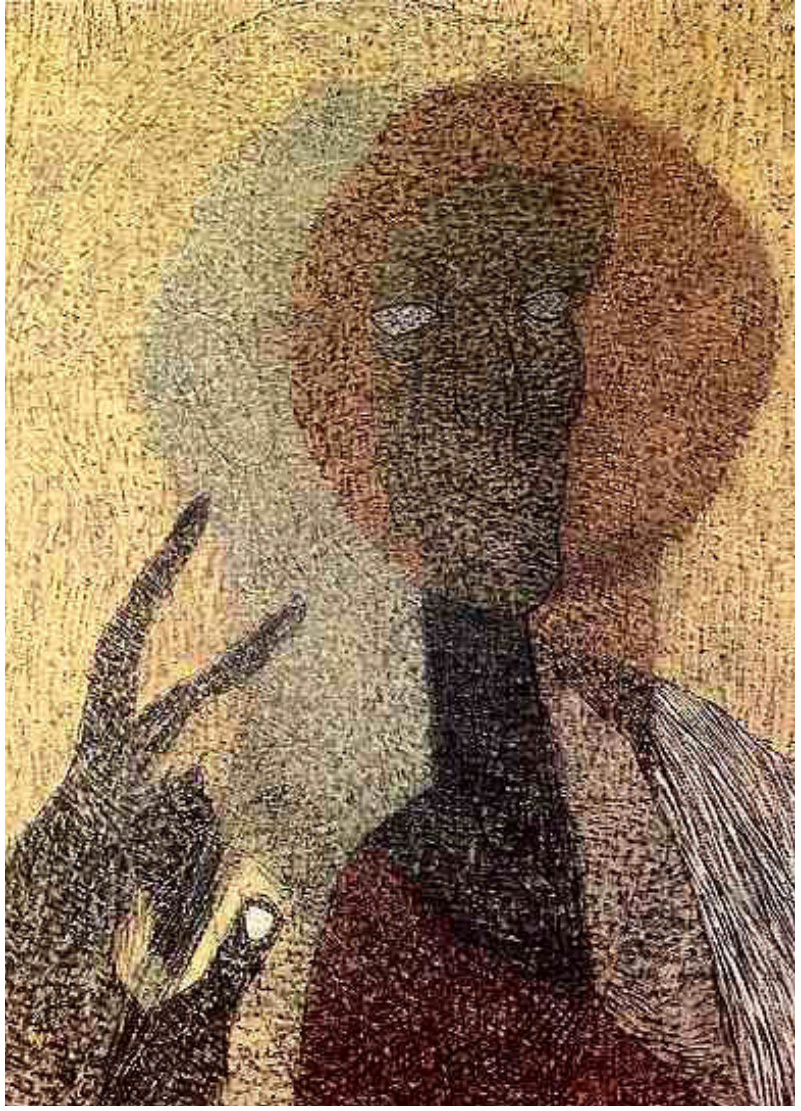 Reproduction d'un autoportrait du peintre hongrois Lajos Vajda, en tons sombres, le visage stylisé tenant un oiseau.