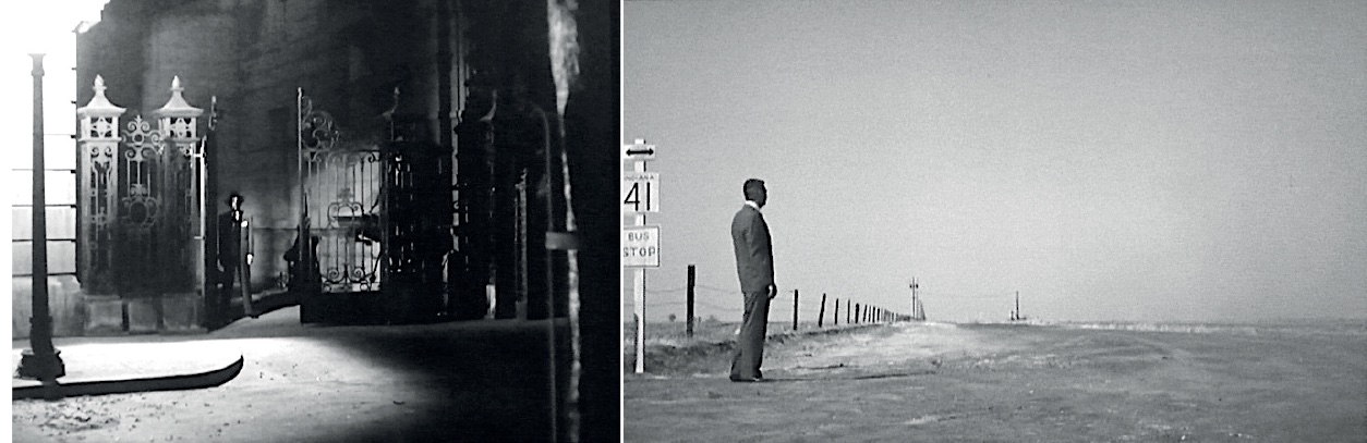 Diptyque de photogrammes en noir et blanc : à gauche, Robert Walker dans *Strangers on a Train* ; à droite, Cary Grant en costume sombre dans *North by Northwest*.