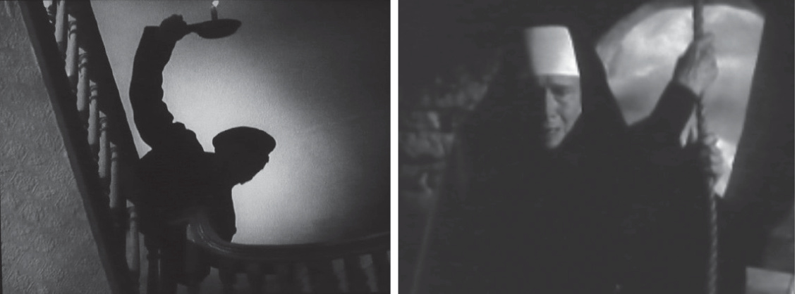 Diptyque de photogrammes en noir et blanc : à gauche, la silhouette en contre-jour de Leon M. Lion dans *Number Seventeen* ; à droite, la religieuse apparaissant en haut du clocher dans *Vertigo*.